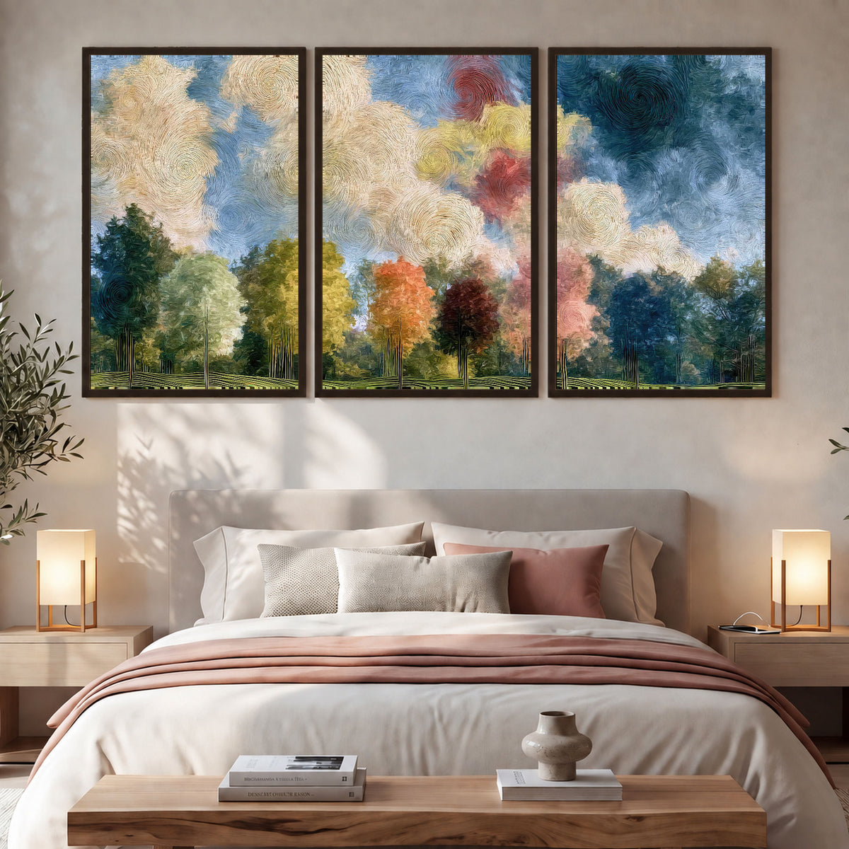 Swirling sky tree painting 3 piece framed canvas in a bedroom above the bed