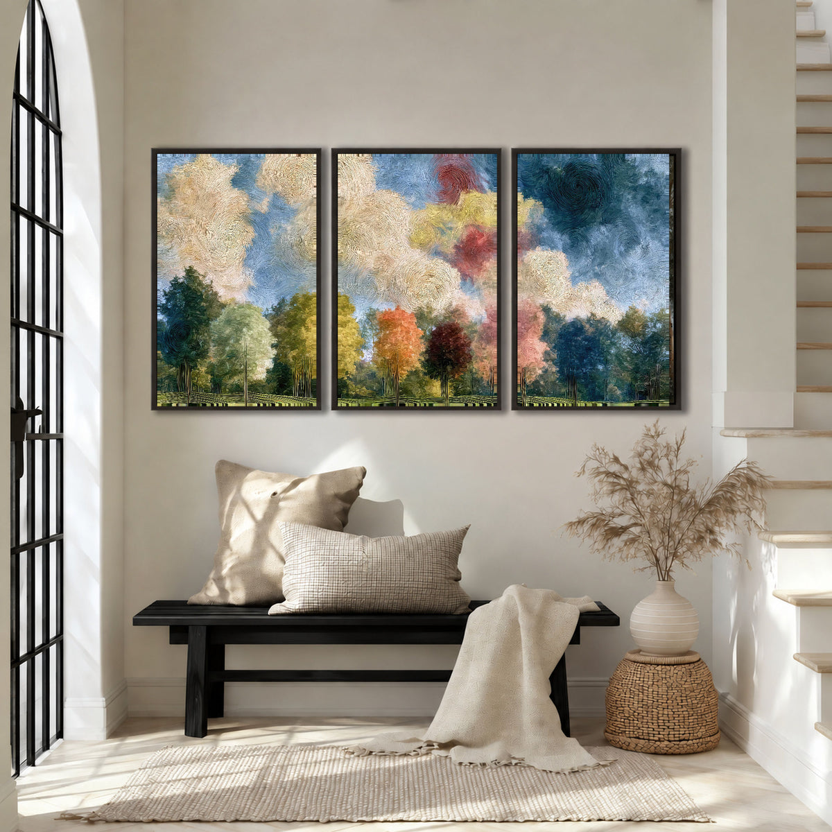 Swirling sky tree painting 3 piece framed canvas in an entryway above a bench