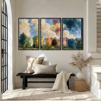 Swirling sky tree painting 3 piece framed canvas in an entryway above a bench