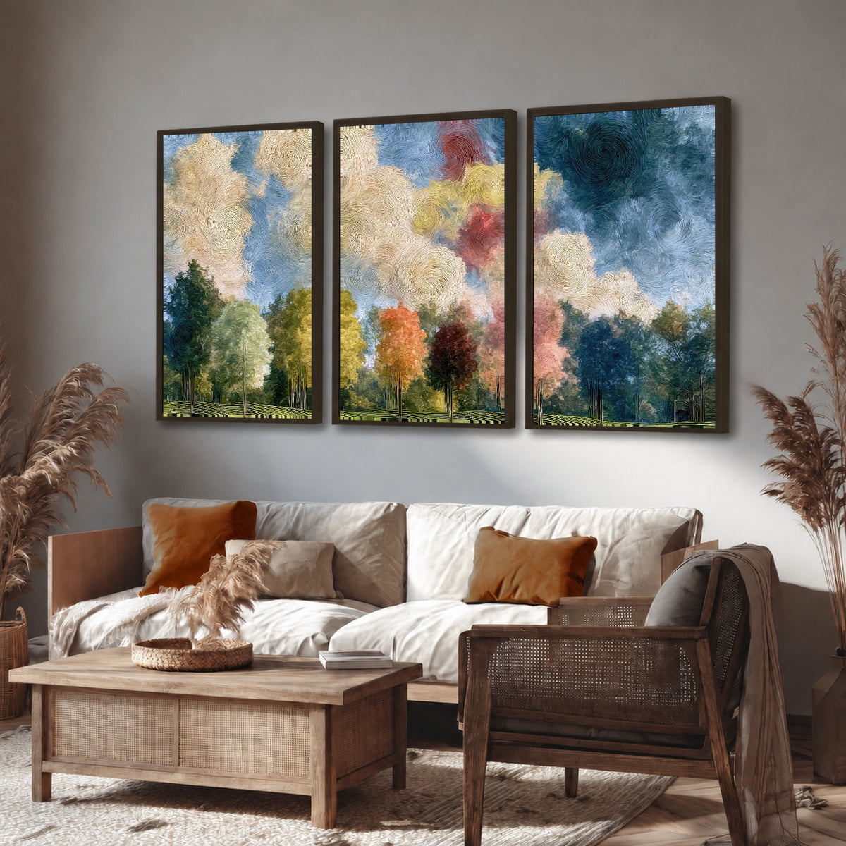 Swirling sky tree painting 3 piece framed canvas in a rustic living room
