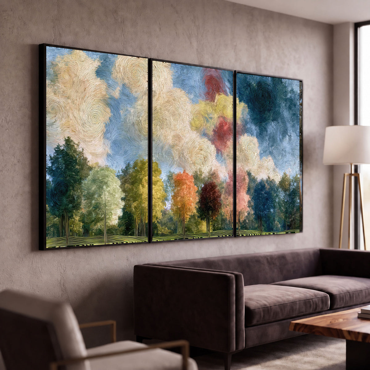 Swirling sky tree painting 3 piece framed canvas in a modern living room
