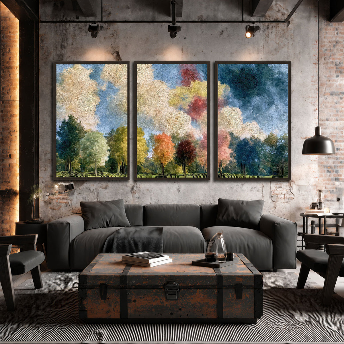 Swirling sky tree painting 3 piece framed canvas in an industrial loft