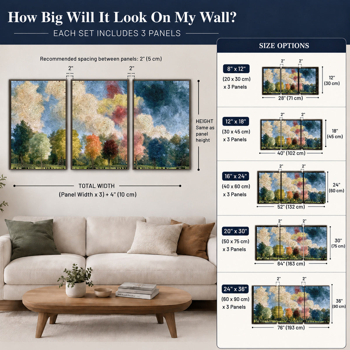 Swirling sky tree painting 3 piece framed canvas size guide above a sofa