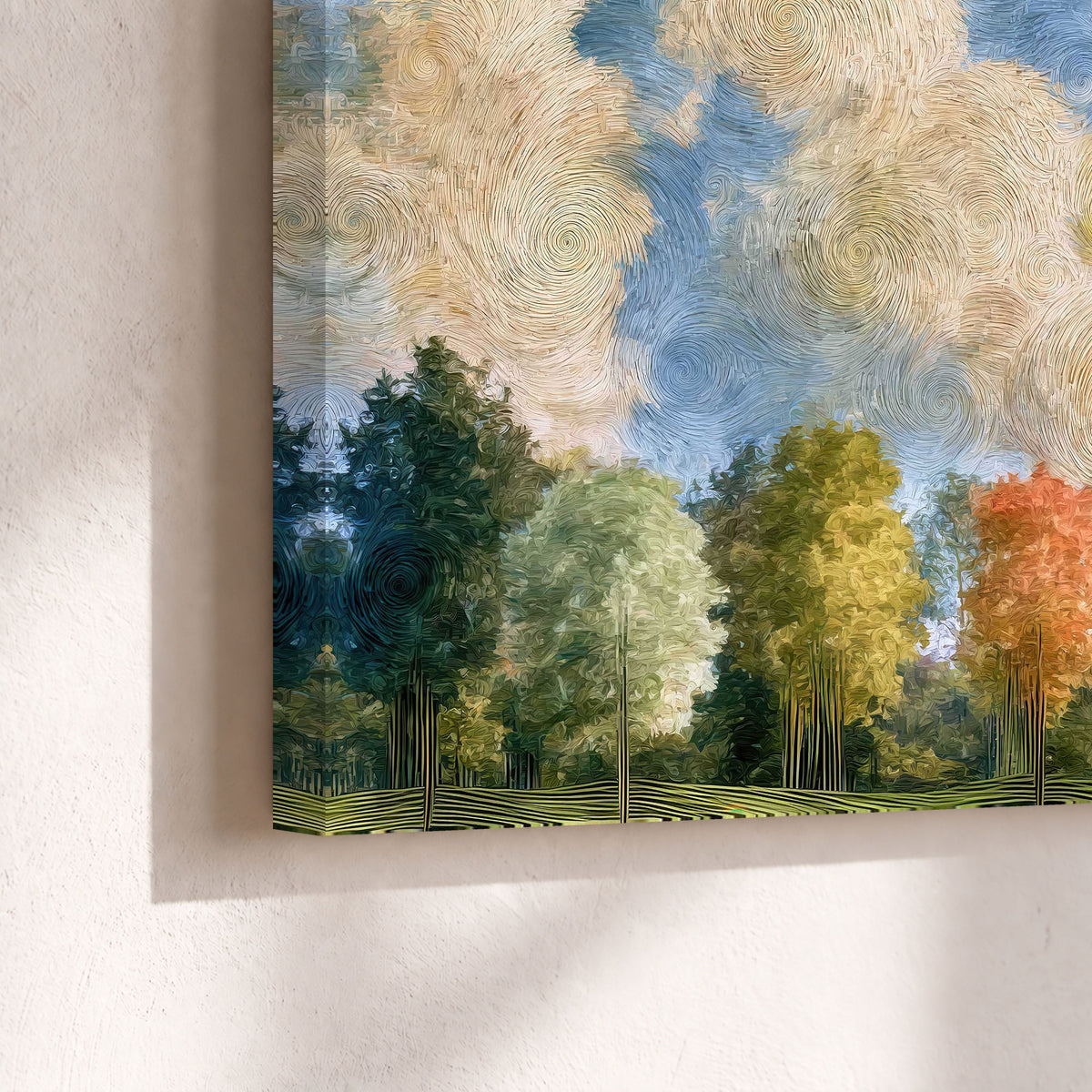 Swirling sky tree painting canvas print close-up showing the gallery-wrapped edge