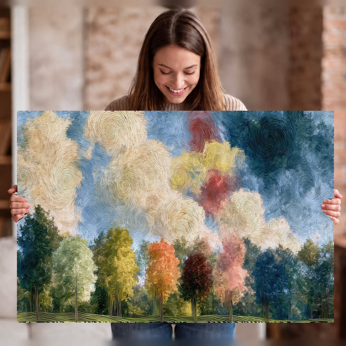 Swirling sky tree painting stretched canvas wall art held in hands
