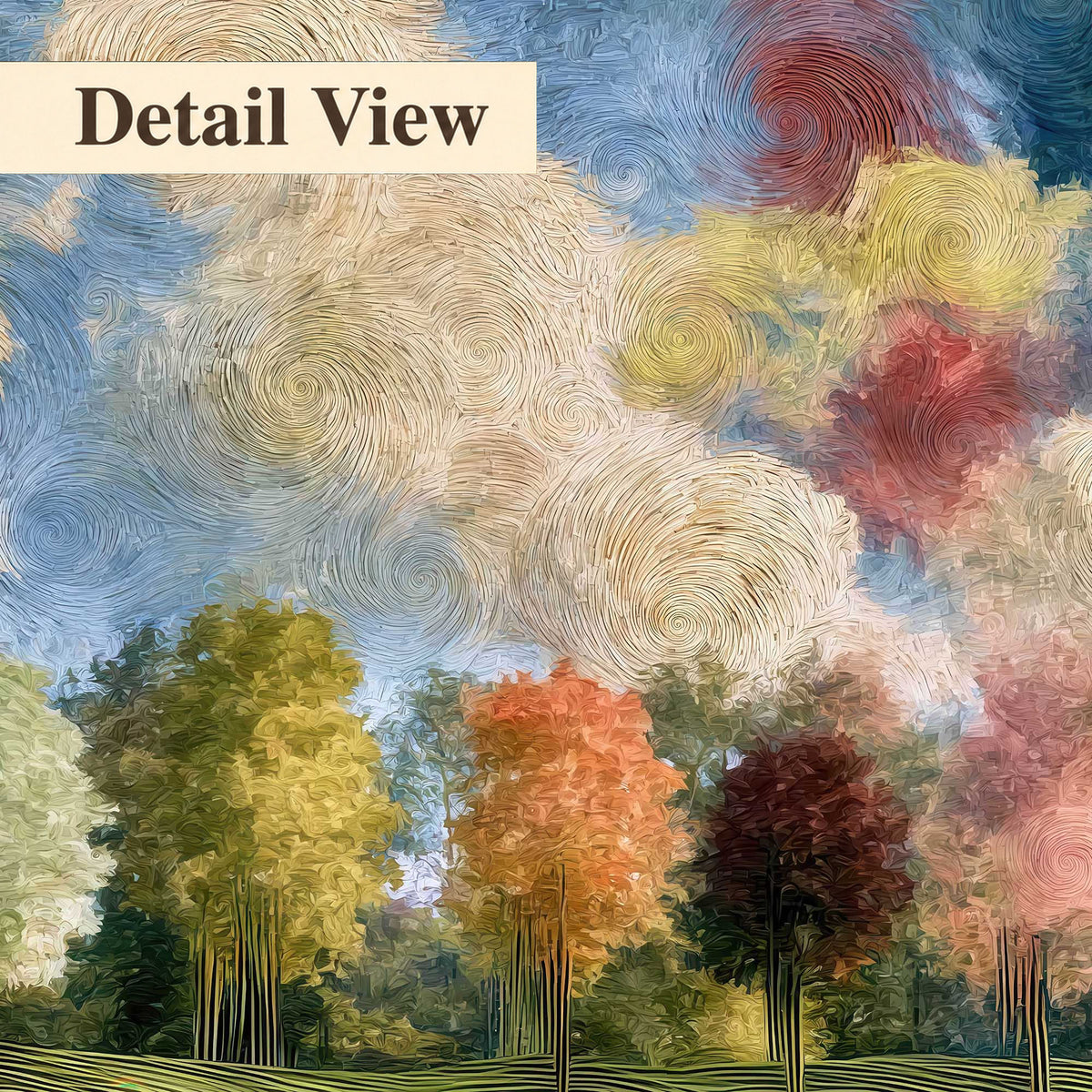 Swirling sky tree painting detail close-up