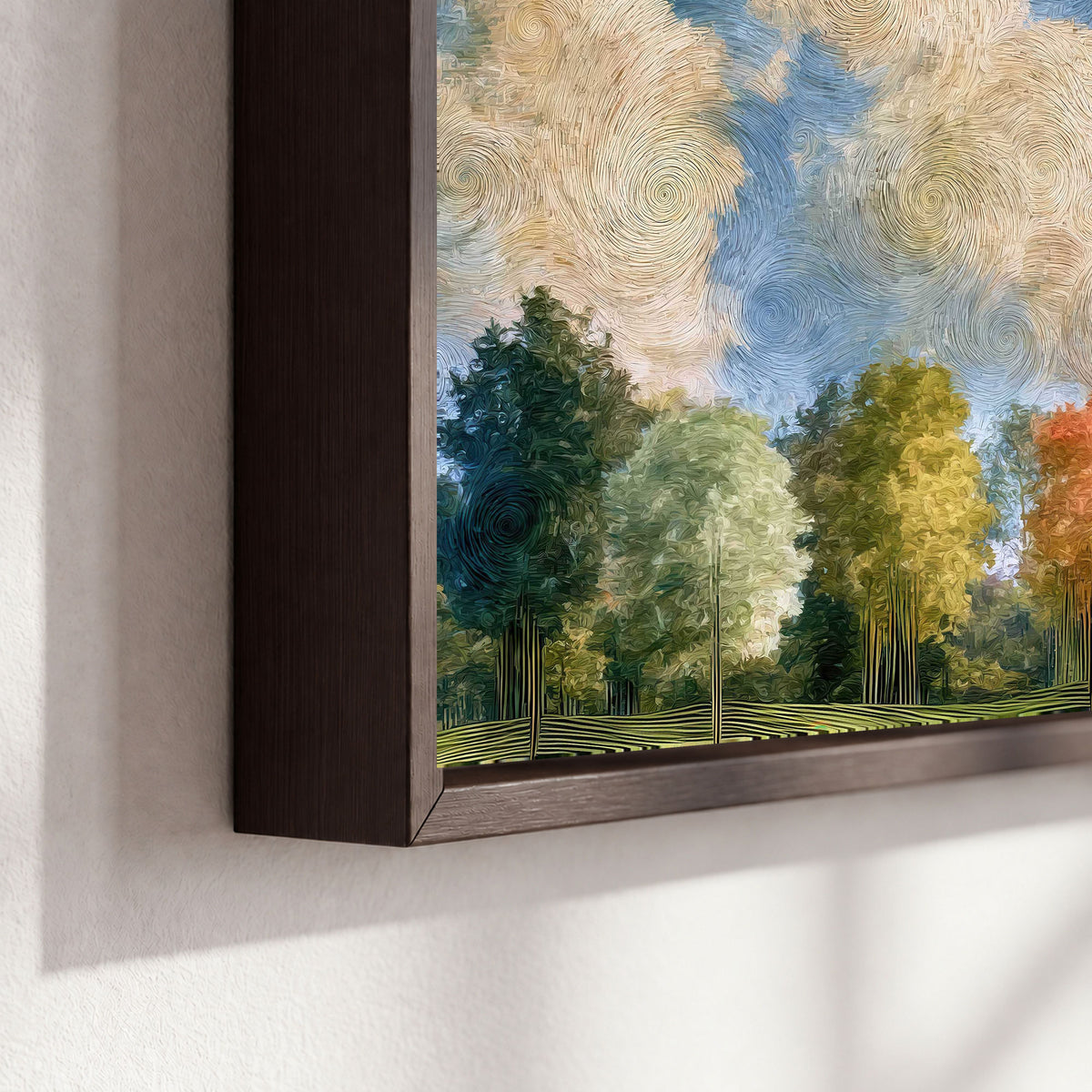 Swirling sky tree painting framed canvas close-up showing the floating frame