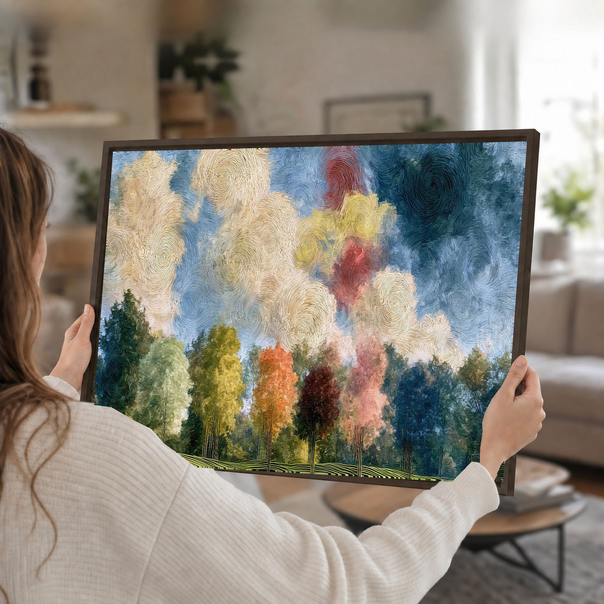 Swirling sky tree painting framed canvas wall art held in hands