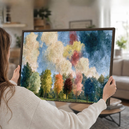 Swirling sky tree painting framed canvas wall art held in hands