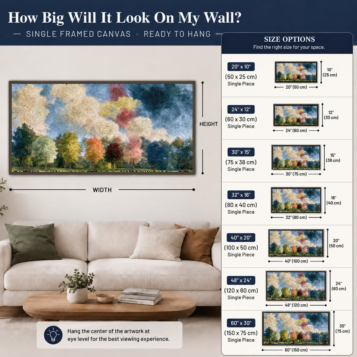 Swirling sky tree painting framed canvas wall art size guide above a sofa