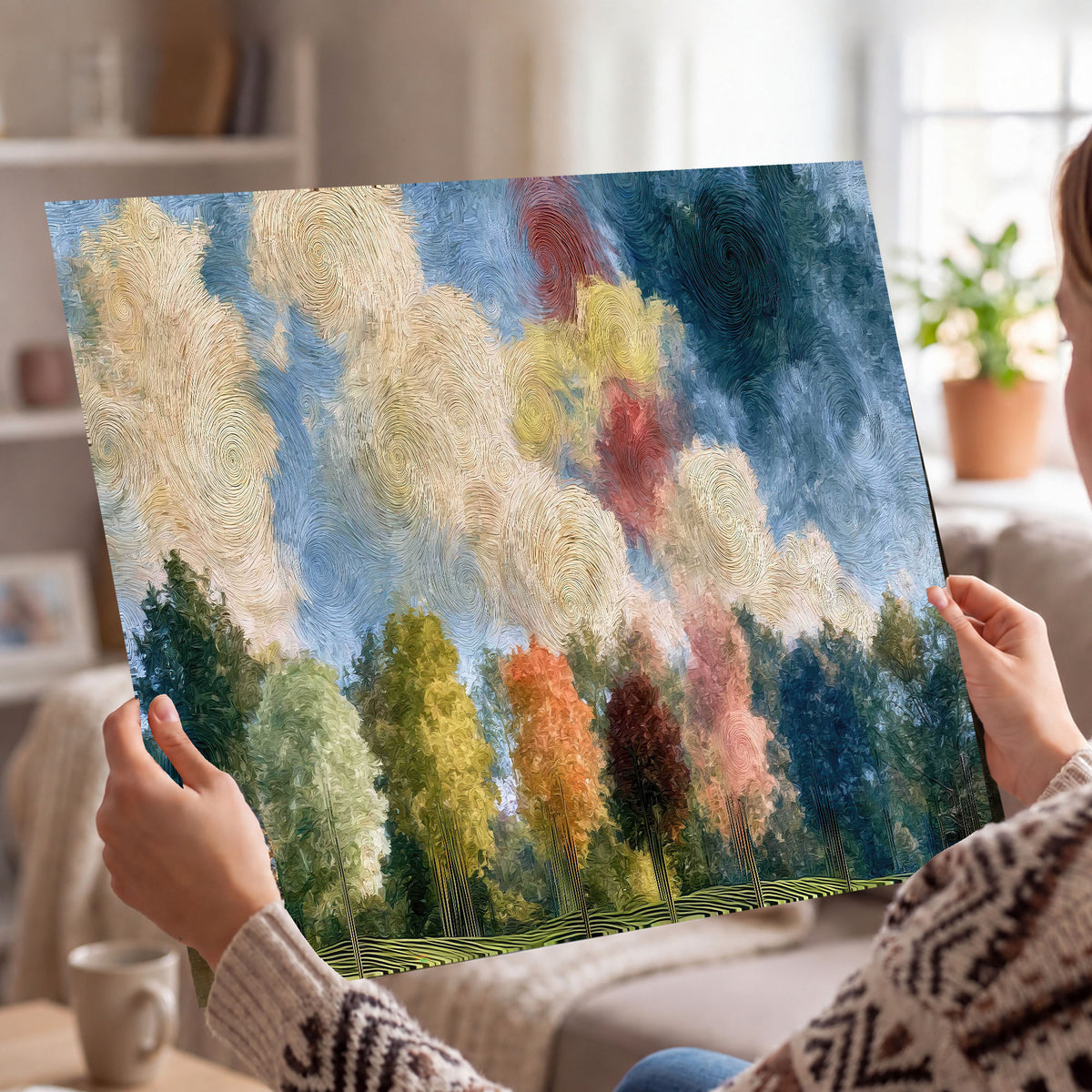 Swirling sky tree painting poster print held in hands