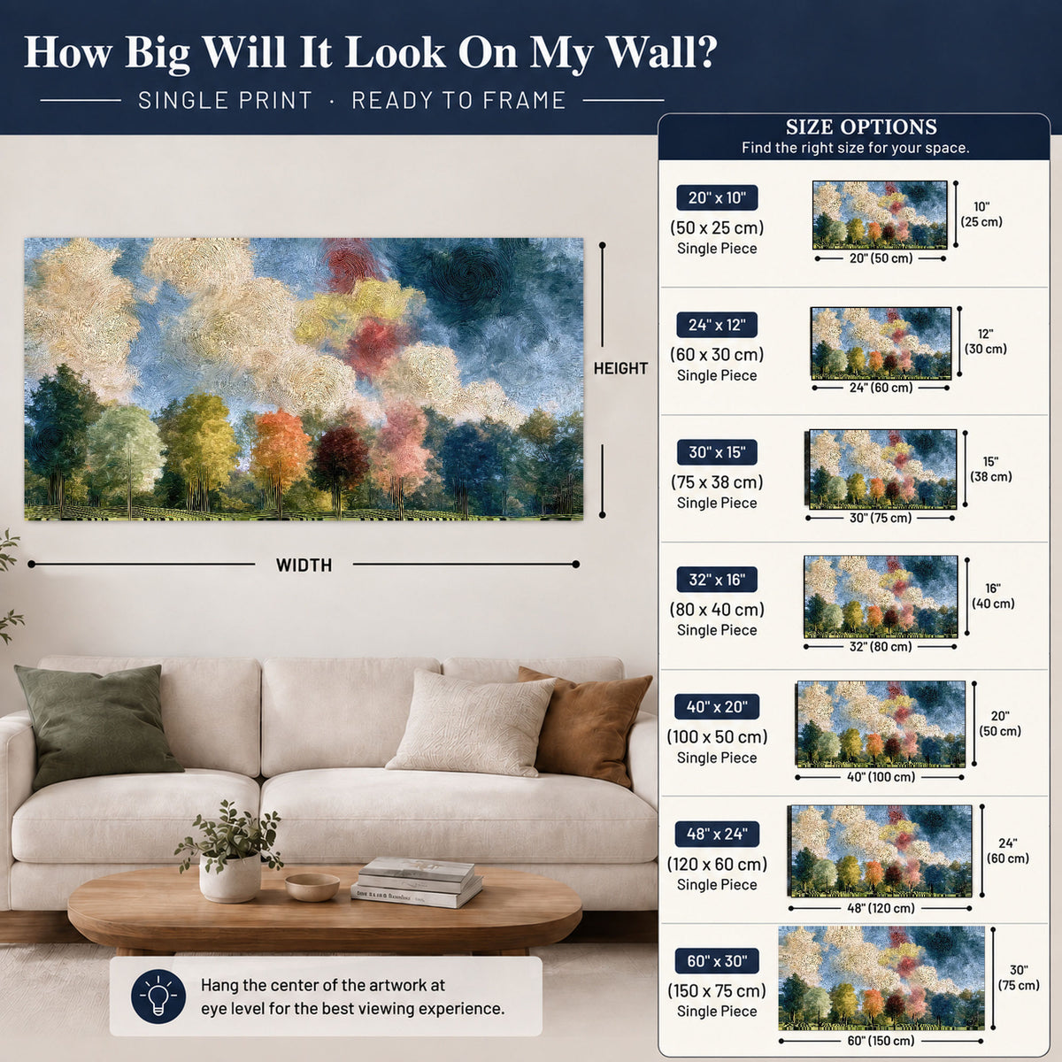 Swirling sky tree painting poster print size guide above a sofa