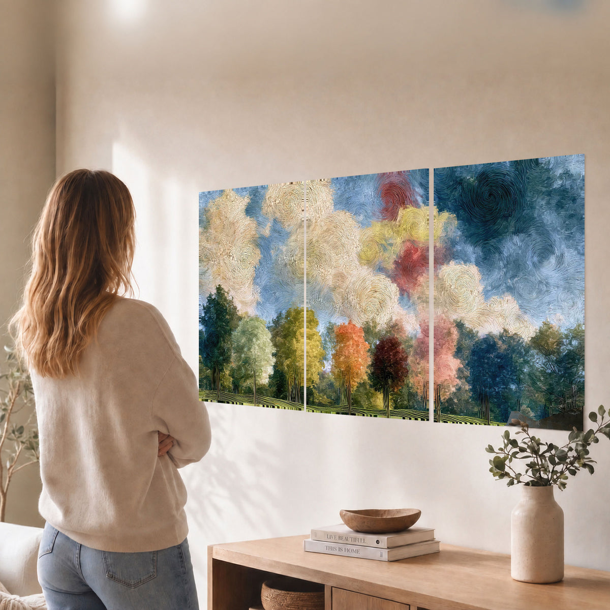 Swirling sky tree painting set of 3 poster prints in a living room