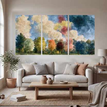 Swirling sky tree painting set of 3 poster prints in a bright living room