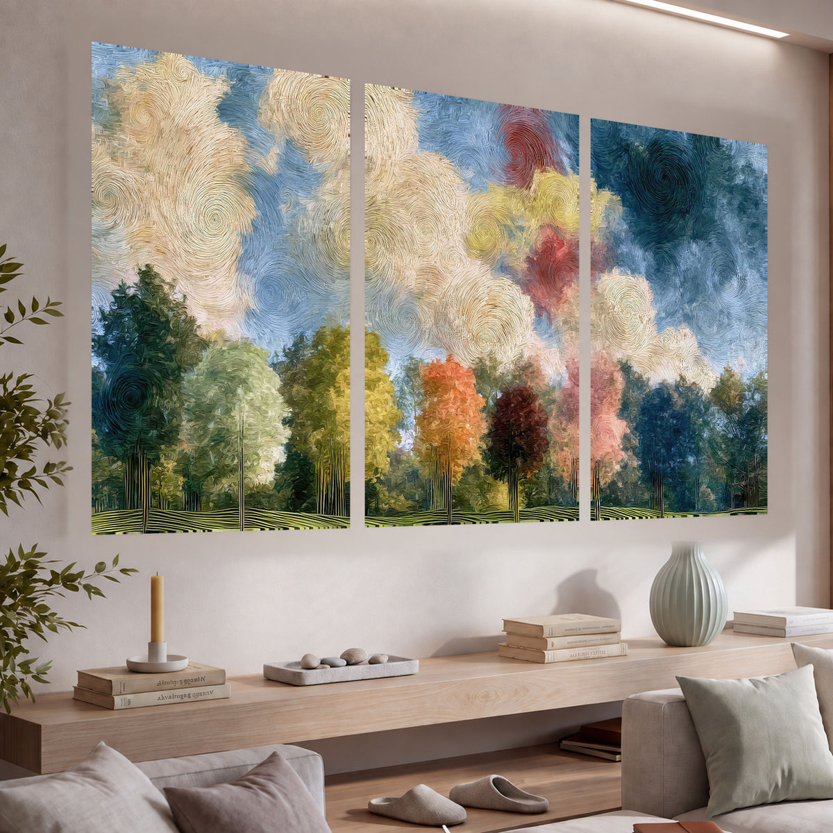 Swirling sky tree painting set of 3 poster prints in a living room above a console