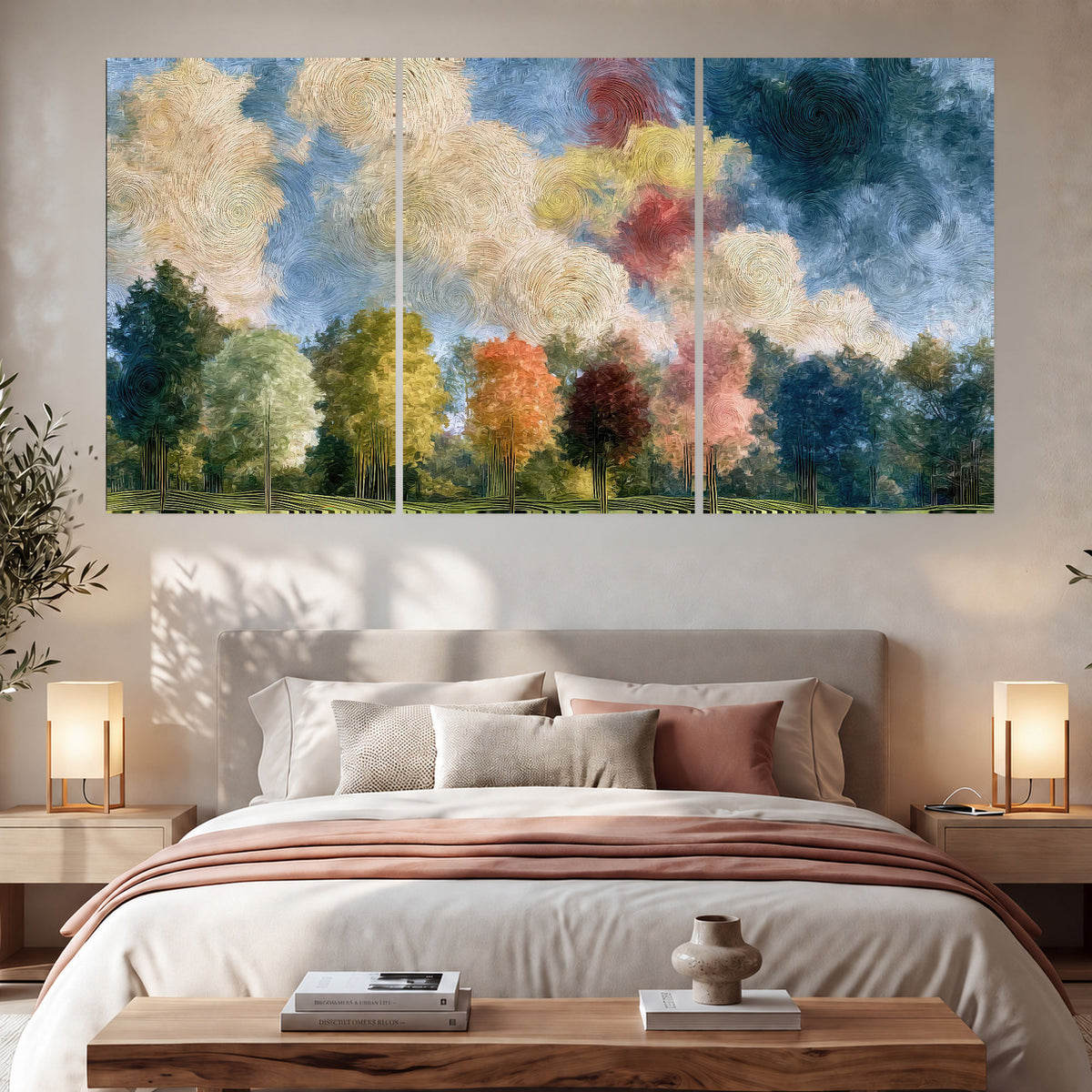 Swirling sky tree painting set of 3 poster prints in a bedroom above the bed