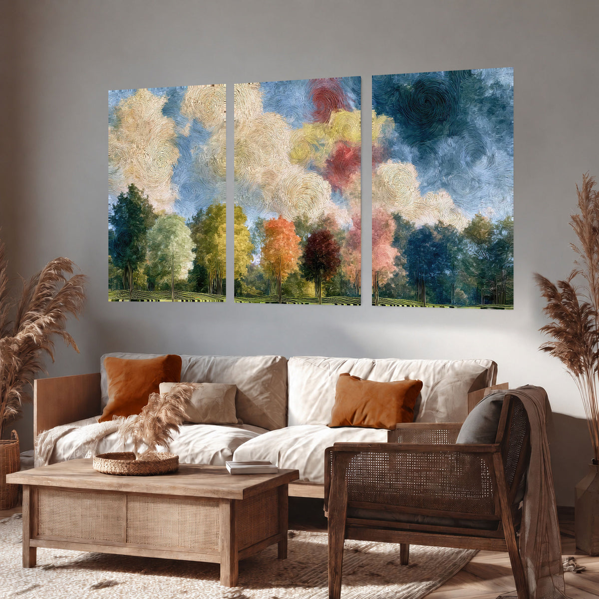 Swirling sky tree painting set of 3 poster prints in a rustic living room