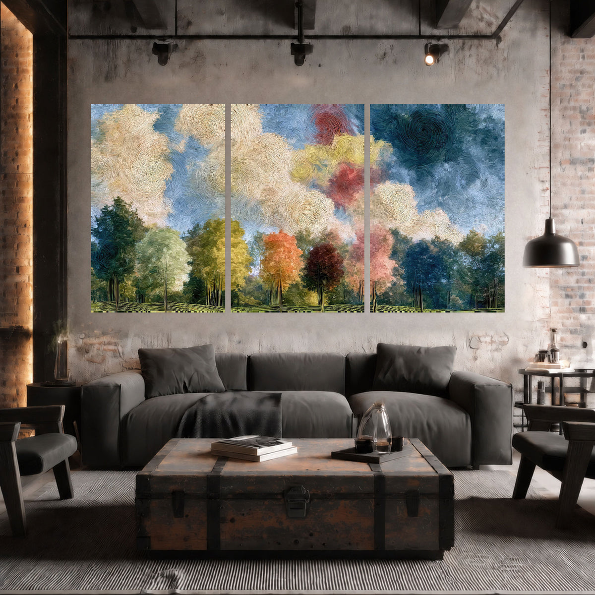 Swirling sky tree painting set of 3 poster prints in an industrial loft