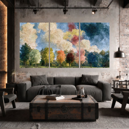 Swirling sky tree painting set of 3 poster prints in an industrial loft