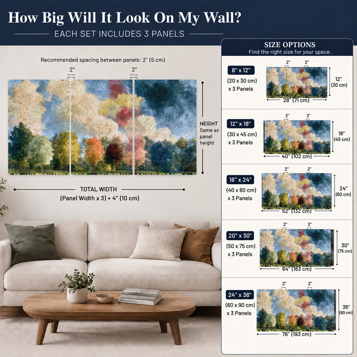 Swirling sky tree painting set of 3 poster prints size guide above a sofa