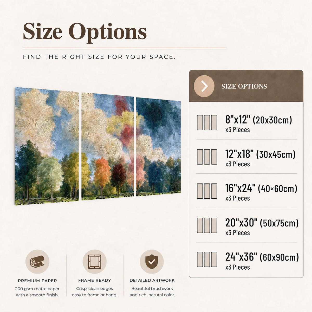 Swirling sky tree painting set of 3 poster prints size options