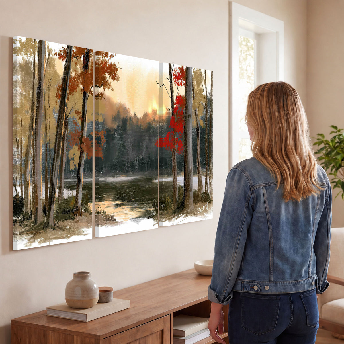 Autumn lake forest painting 3 piece canvas wall art in a living room