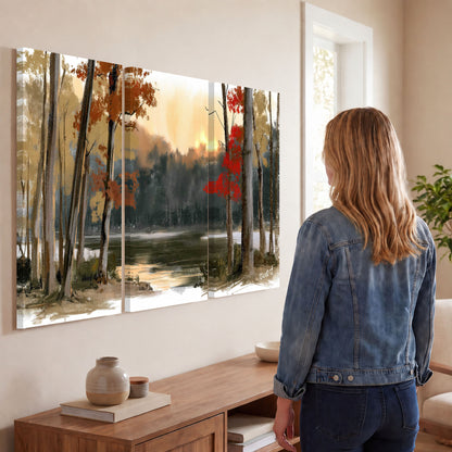 Autumn lake forest painting 3 piece canvas wall art in a living room