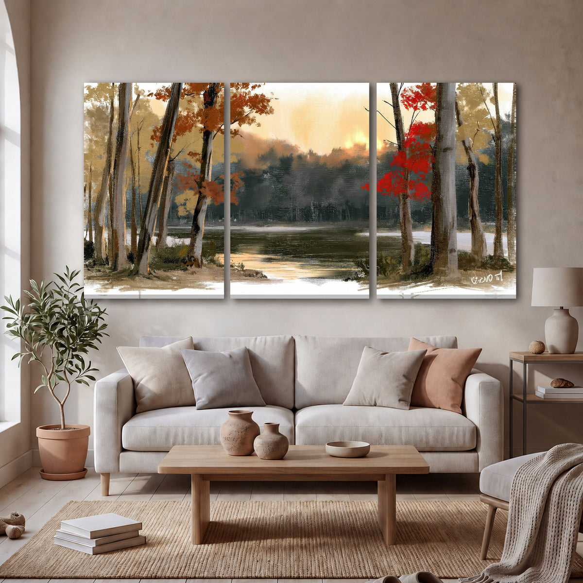 Autumn lake forest painting 3 piece canvas wall art in a bright living room