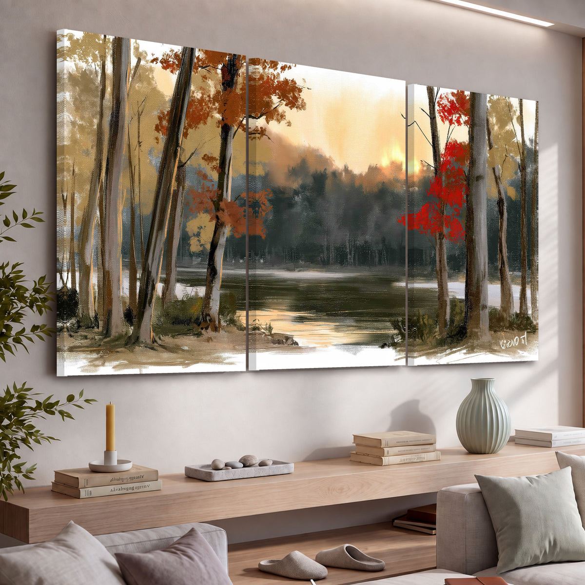 Autumn lake forest painting 3 piece canvas wall art in a living room above a console