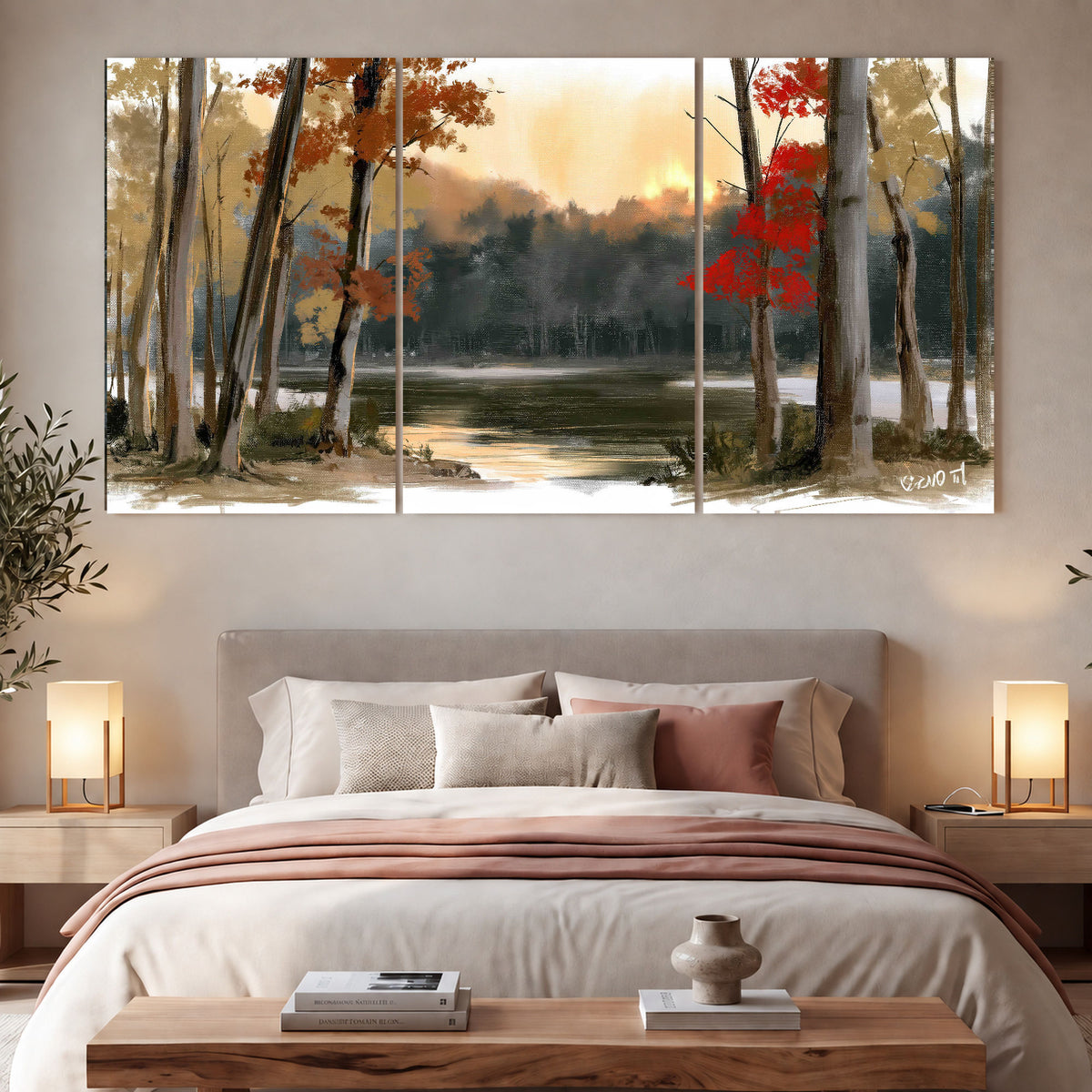 Autumn lake forest painting 3 piece canvas wall art in a bedroom above the bed