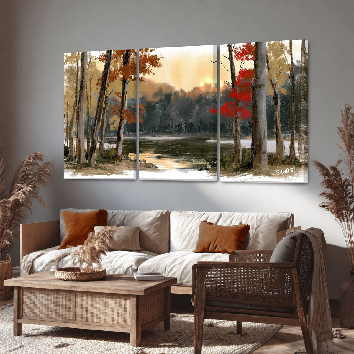 Autumn lake forest painting 3 piece canvas wall art in a rustic living room