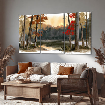 Autumn lake forest painting 3 piece canvas wall art in a rustic living room