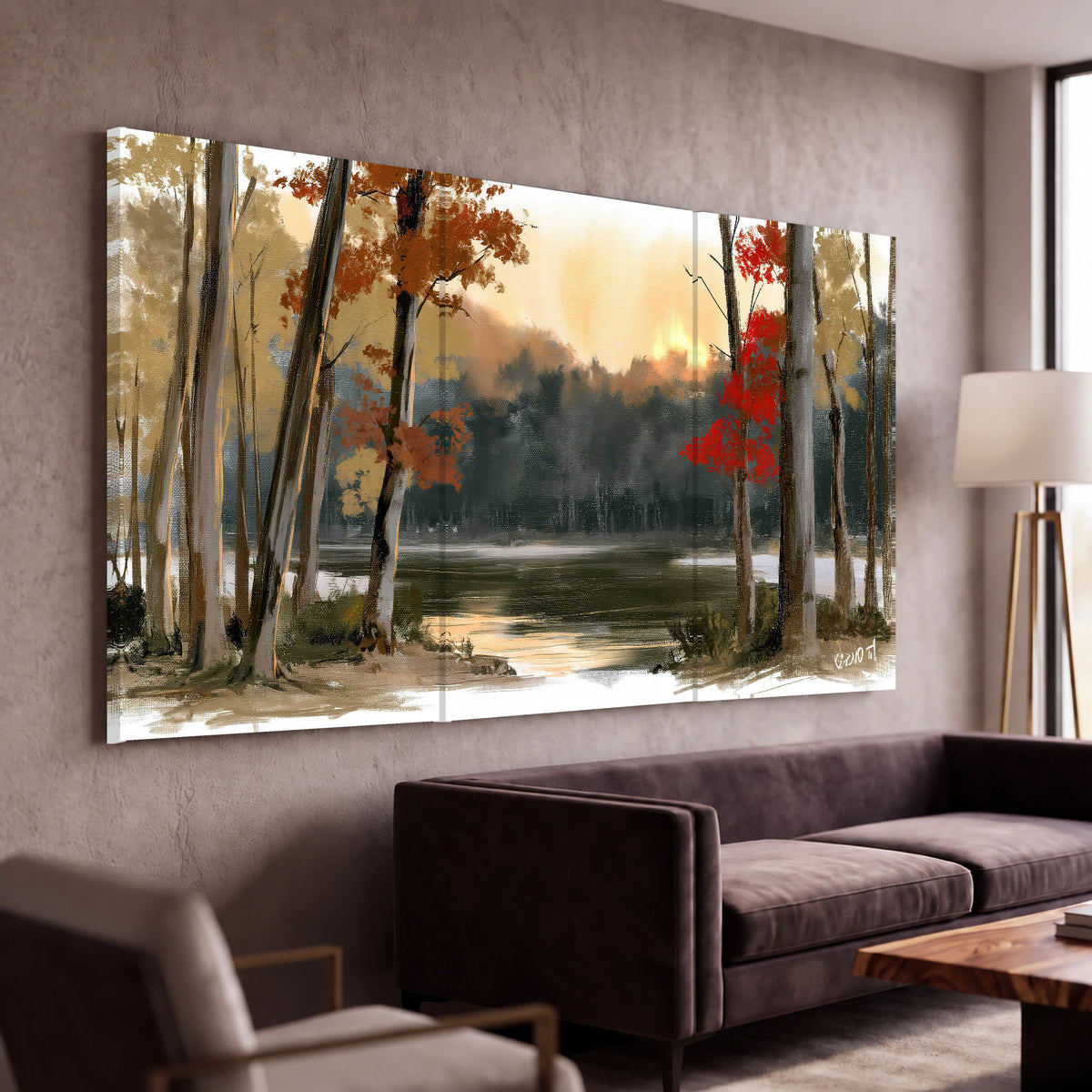 Autumn lake forest painting 3 piece canvas wall art in a modern living room