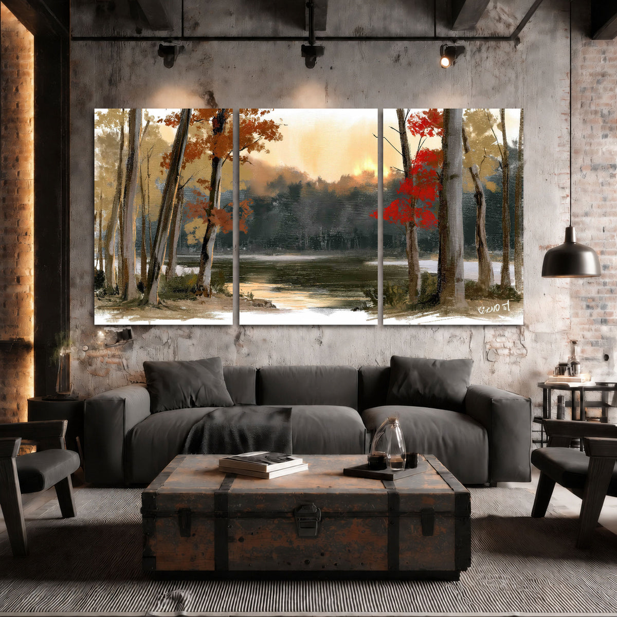 Autumn lake forest painting 3 piece canvas wall art in an industrial loft