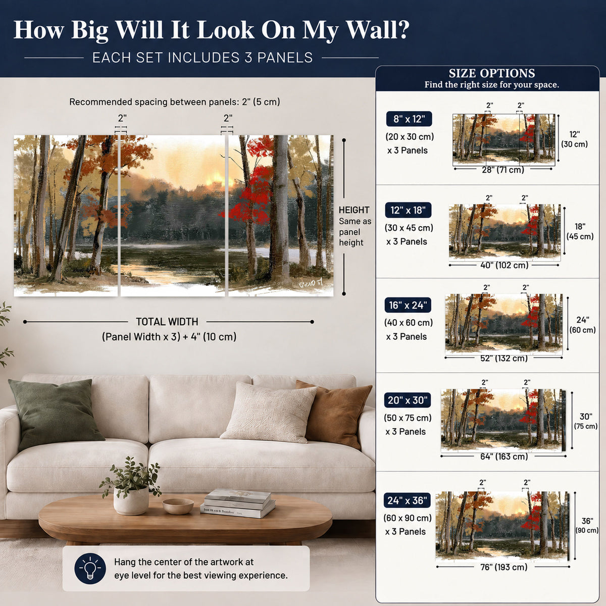 Autumn lake forest painting 3 piece canvas wall art size guide above a sofa