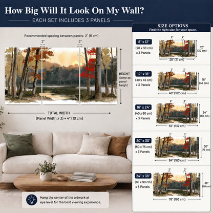 Autumn lake forest painting 3 piece canvas wall art size guide above a sofa