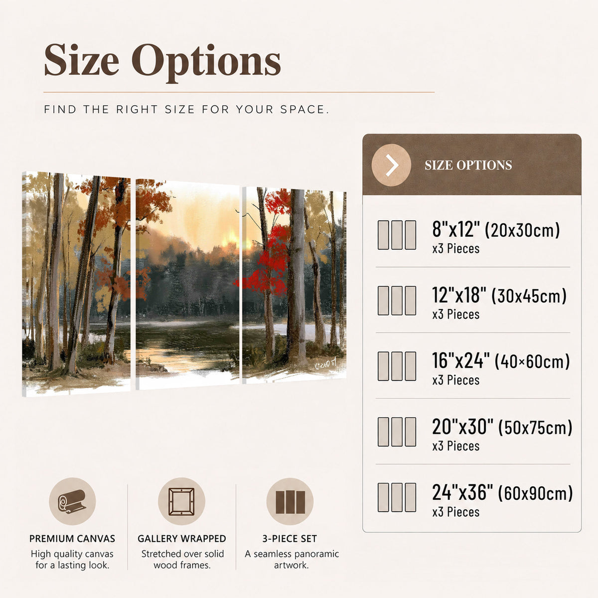 Autumn lake forest painting 3 piece canvas wall art size options