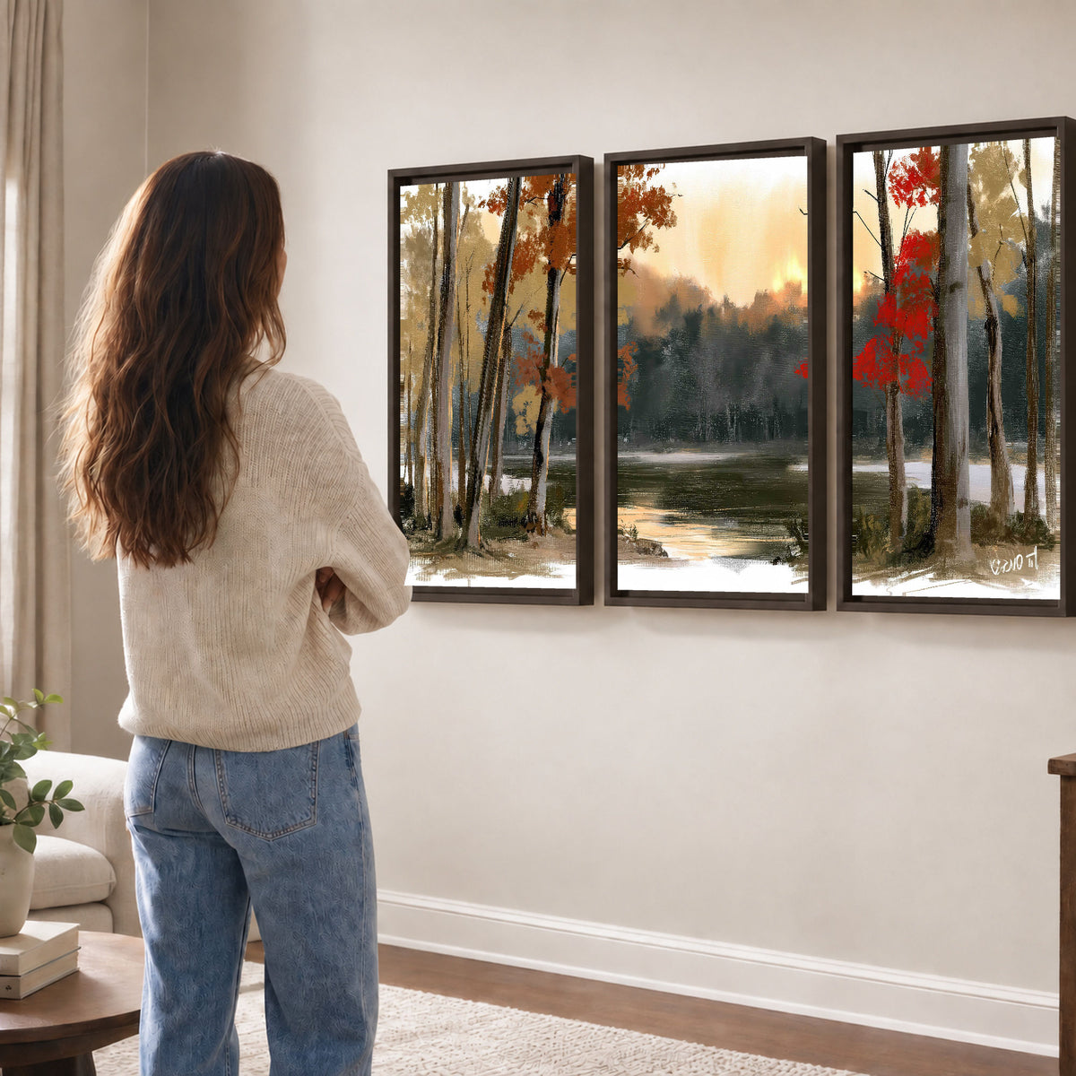 Autumn lake forest painting 3 piece framed canvas in a living room