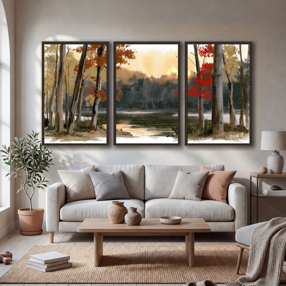 Autumn lake forest painting 3 piece framed canvas in a bright living room