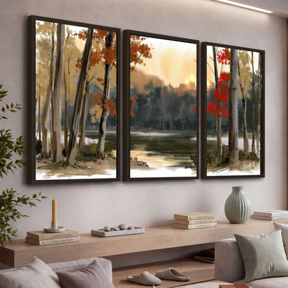 Autumn lake forest painting 3 piece framed canvas in a living room above a console
