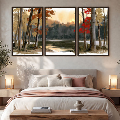 Autumn lake forest painting 3 piece framed canvas in a bedroom above the bed