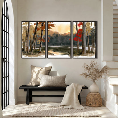 Autumn lake forest painting 3 piece framed canvas in an entryway above a bench
