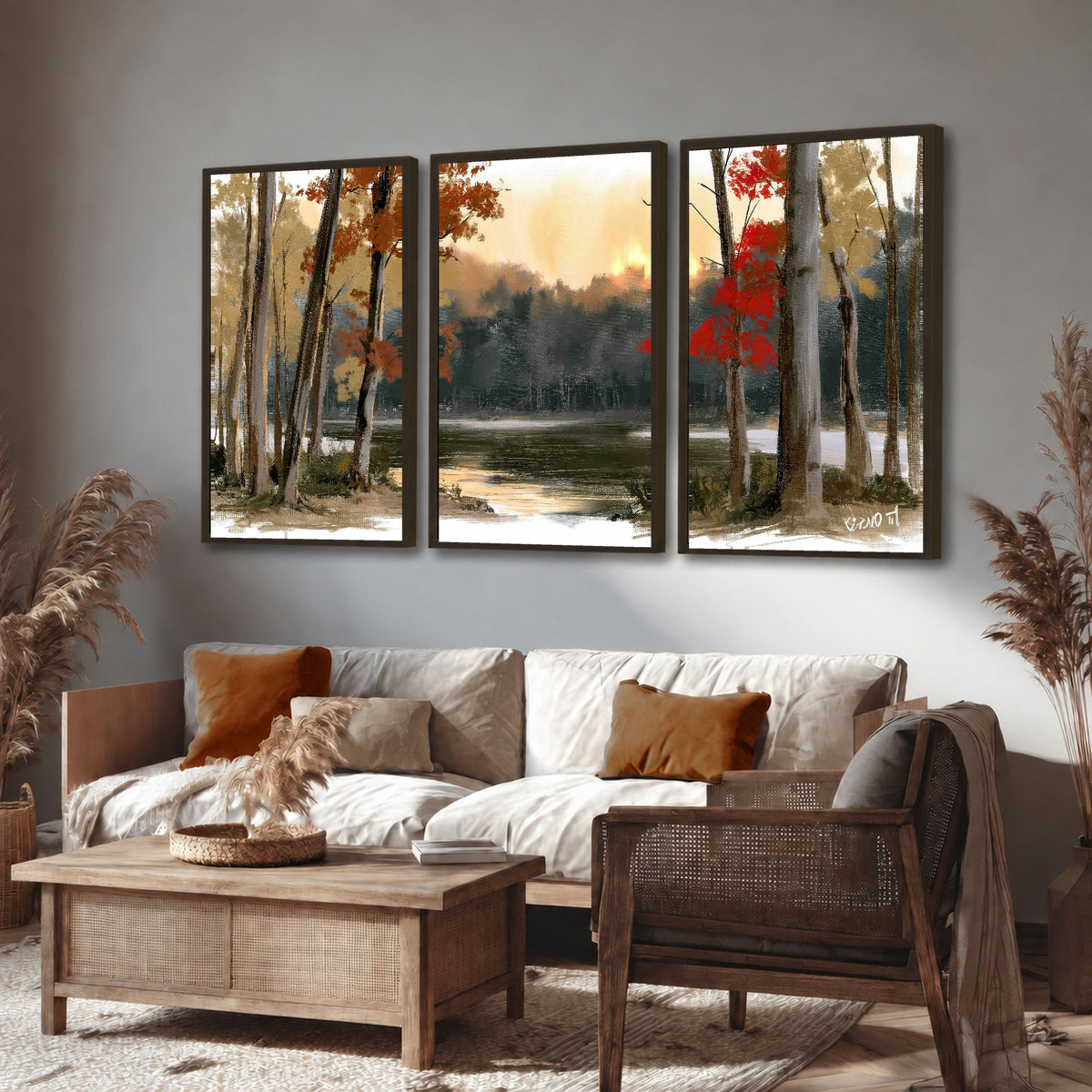 Autumn lake forest painting 3 piece framed canvas in a rustic living room