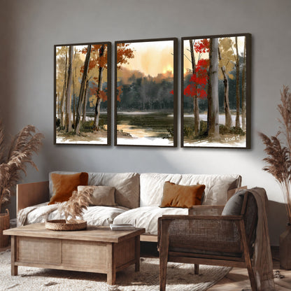 Autumn lake forest painting 3 piece framed canvas in a rustic living room