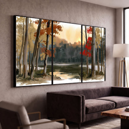 Autumn lake forest painting 3 piece framed canvas in a modern living room