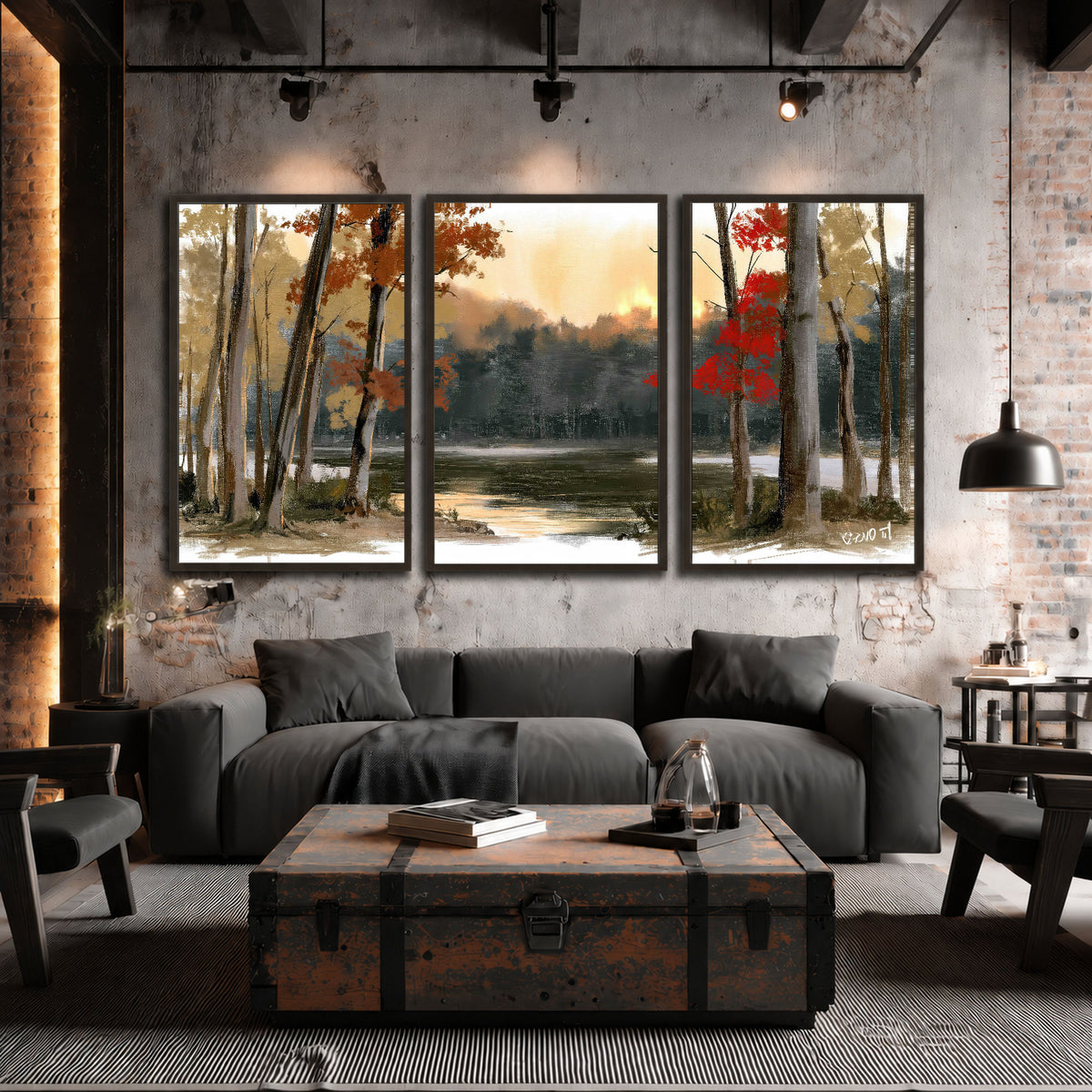 Autumn lake forest painting 3 piece framed canvas in an industrial loft