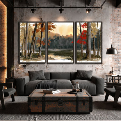 Autumn lake forest painting 3 piece framed canvas in an industrial loft