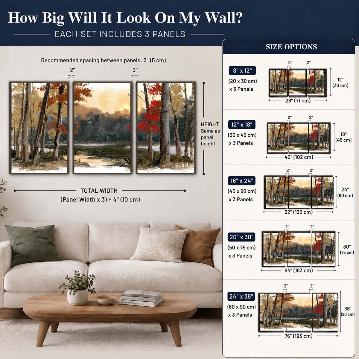 Autumn lake forest painting 3 piece framed canvas size guide above a sofa