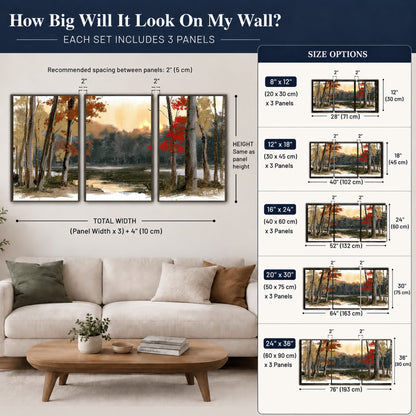 Autumn lake forest painting 3 piece framed canvas size guide above a sofa