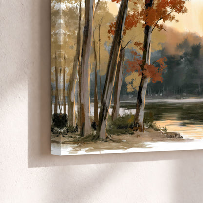Autumn lake forest painting canvas print close-up showing the gallery-wrapped edge